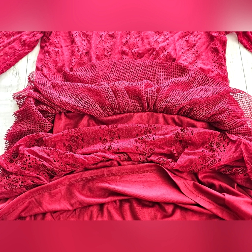 Indigo Soul Burgundy Wine Lace Sequin Flowy Tiered Layered Ruffle Longsleeve Top - Picture 11 of 14